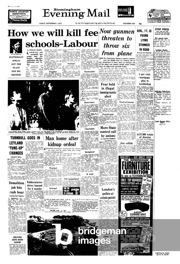 The Birmingham Mail front page featuring the headline 'How we kill free schools-Labour'. 7th September 1973 (b/w photo)