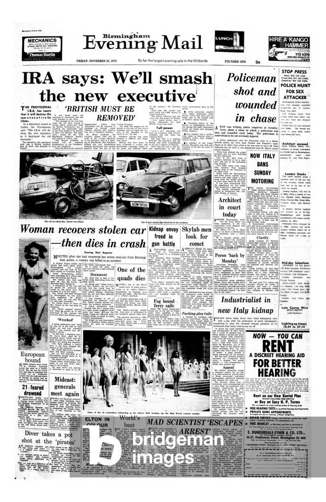 Evening Mail Front Page, published Friday 23rd November 1973 (b/w photo)