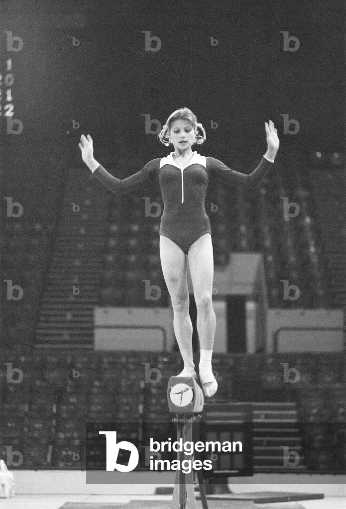 Olga Korbut training ahead of the Daily Mirror Sponsored Gymnastics World Cup at the Empire Pool, Wembley, 28th October 1975 (b/w photo)