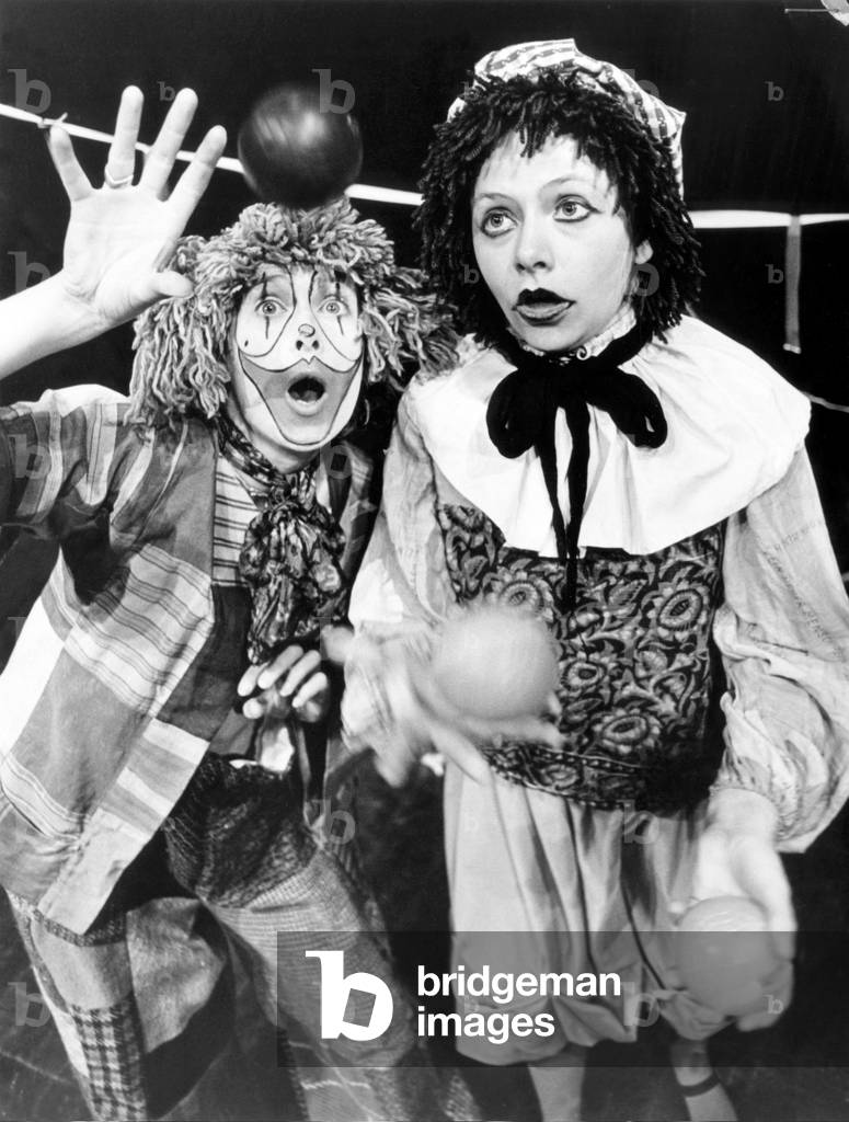 Two circus clowns juggling balls. 14th July 1979 (b/w photo)