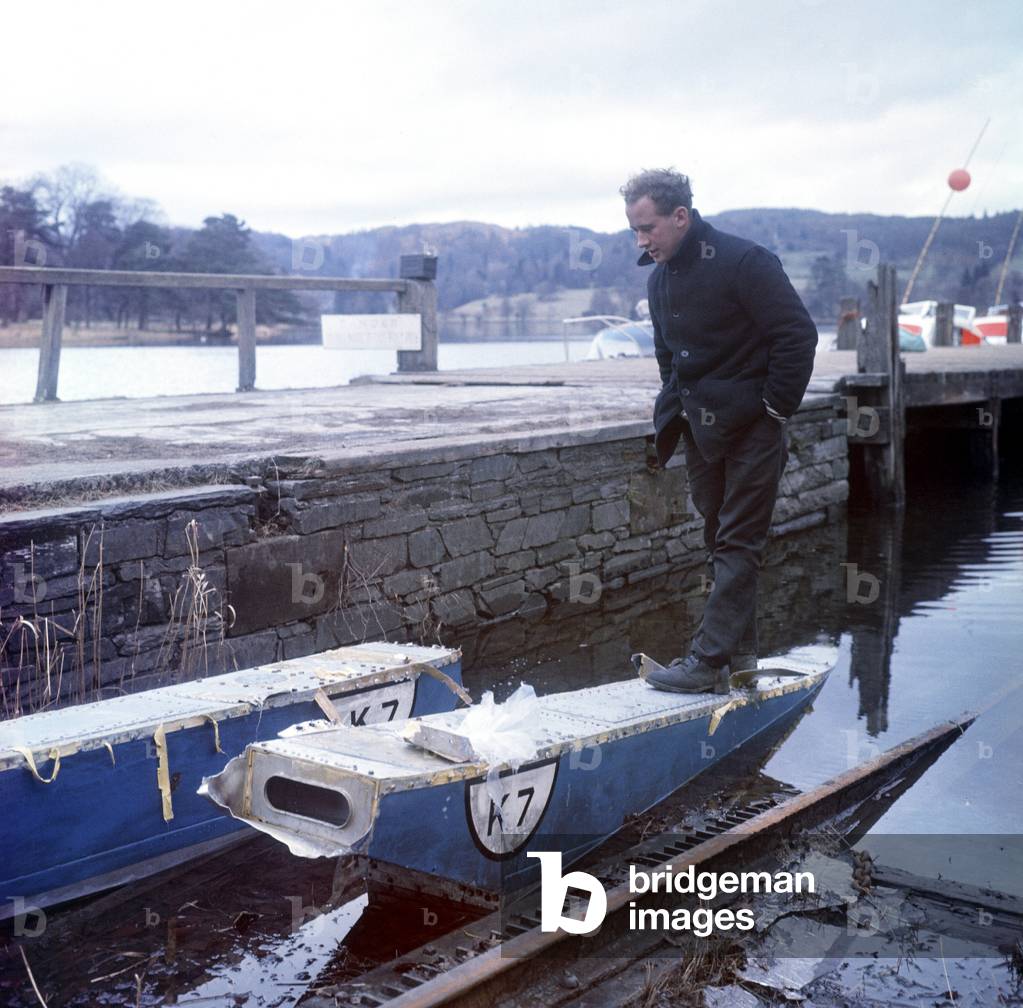 Donald Campbell attempt to beat his own water-speed record of 276mph.
Remains of his boat Bluebird which crashed at 300mph on Lake Coniston.
4th January 1967.
