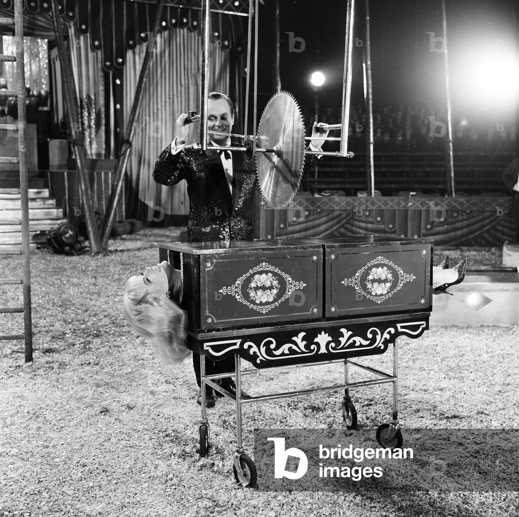 Filming of 'Circus of blood'. Diana Dors is sawn in half 31st October 1966 (b/w photo)