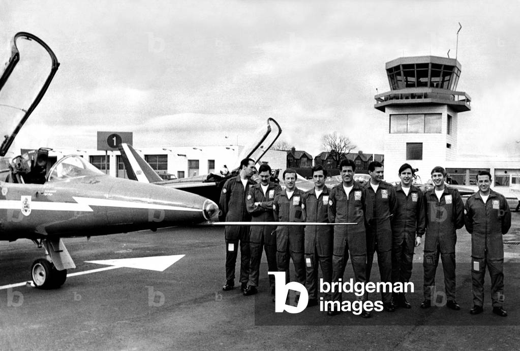 The RAF's Red Arrows aerobatic team burst into the sky above Newcastle Airport with an off the cuff demonstration of their terrifying skills. They raced across the airport, skimming the ground, with a dense cloud trailing behind then, then burst into a 'star shell' flying up unto the air in every direction. All this after a 350 mile flight from their base in Kent, which the team's 10 Folland Gnat jets devoured in a quick, 38-minute trip. The team was in Newcastle to announce the start of the year's season of displays. Eighty-five displays were planned, including their 500th since the squadron was formed in 1965. After refuelling at the airport, the Red Arrows gave their show, then raced off again. They were due to return in the summer for displays at Newcastle, Sunderland and Teesside. 16/04/1970 (b/w photo)