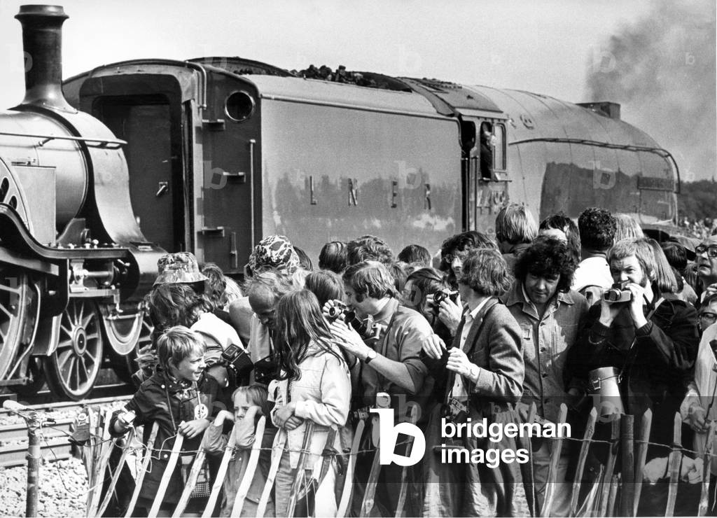 LNER Engine No. 4498 the Sir Nigel Gresley, and a Stirling steam locomotive making their way past the crowds on the Shildon to Darlington line at the 150 anniversary celebrations on 31st August 1975