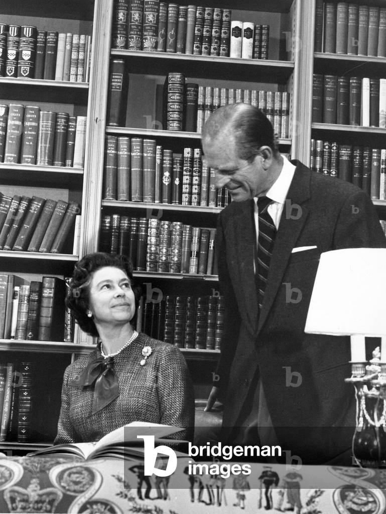 Queen Elizabeth II with Prince Philip in the Library at Balmoral Castle, 
01/10/1976