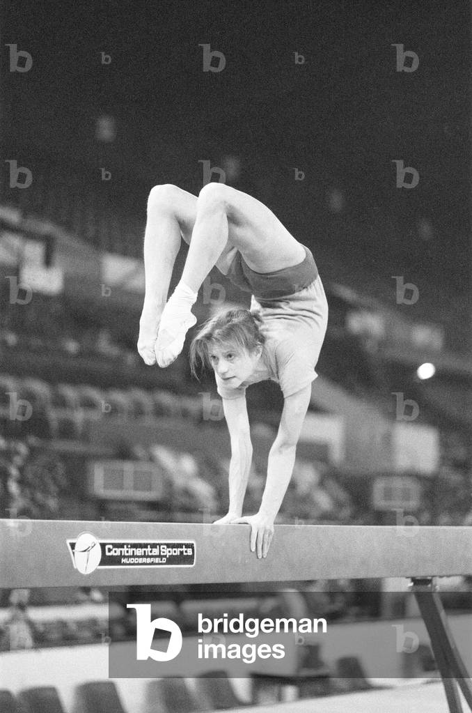 Olga Korbut training ahead of the Daily Mirror Sponsored Gymnastics World Cup at the Empire Pool, Wembley, 28th October 1975 (b/w photo)