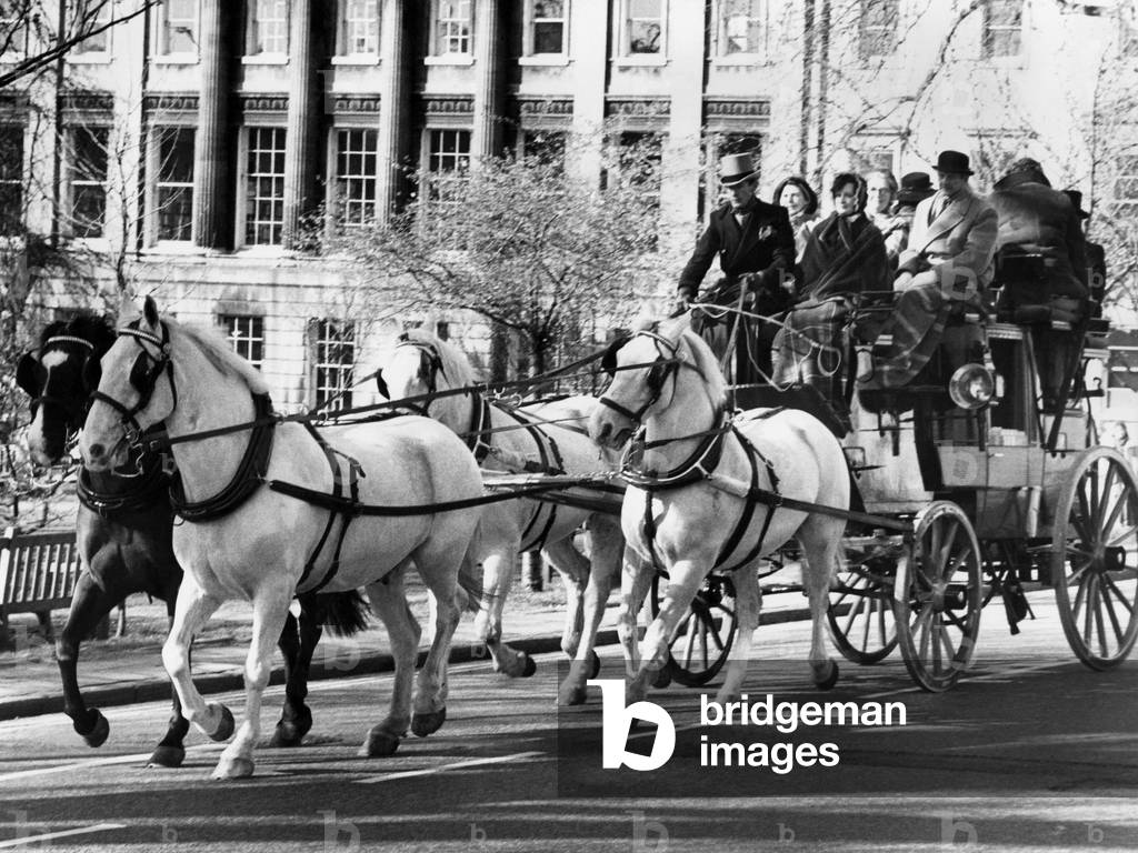 The Bath to London stage coach runs again. The coach leaving Bath on its journey to London. March 1977