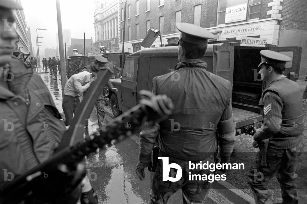 Northern Ireland Belfast July 1972. Army hold 16 U.D.R. men who were stopped with two vans containing arms. July 1972 72-7409-004