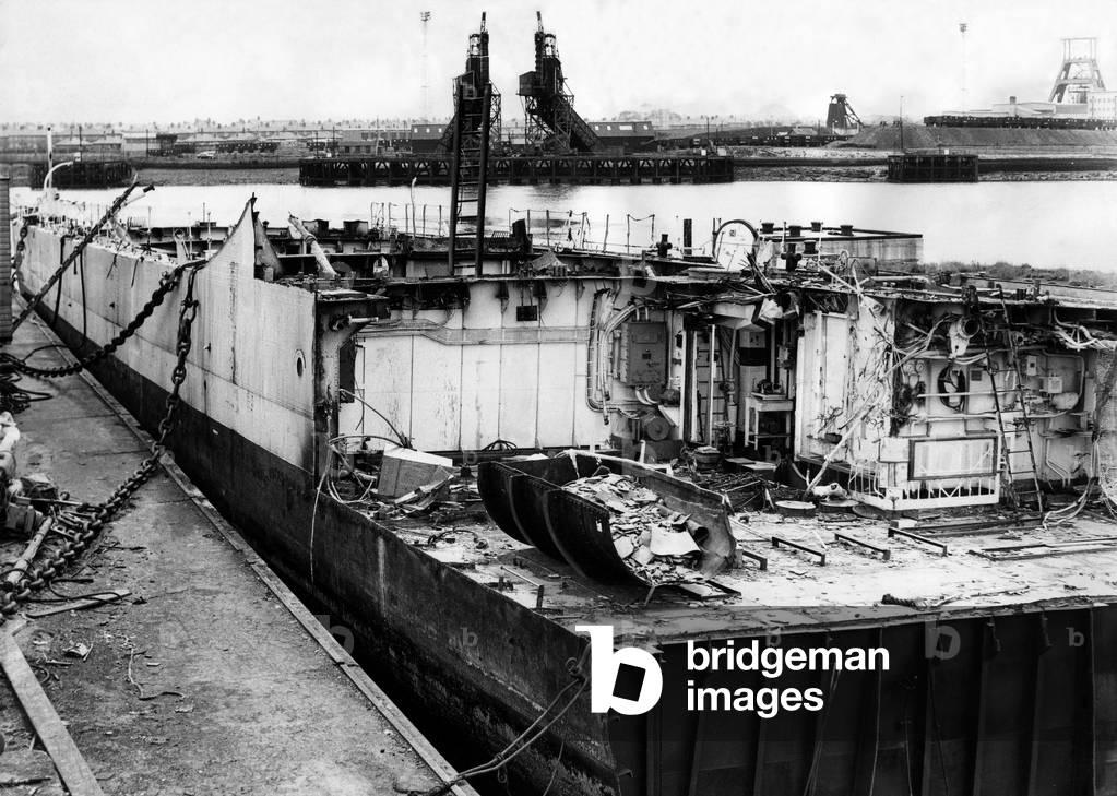 Blyth shipbreaking firm Hughes Bolckow Ltd. working on the HMS Jutland, a 2,480-ton destroyer which was launched, 1946 by the late Ellen Wilkinson who was at that time MP for Jarrow, 4th August 1965 (b/w photo)