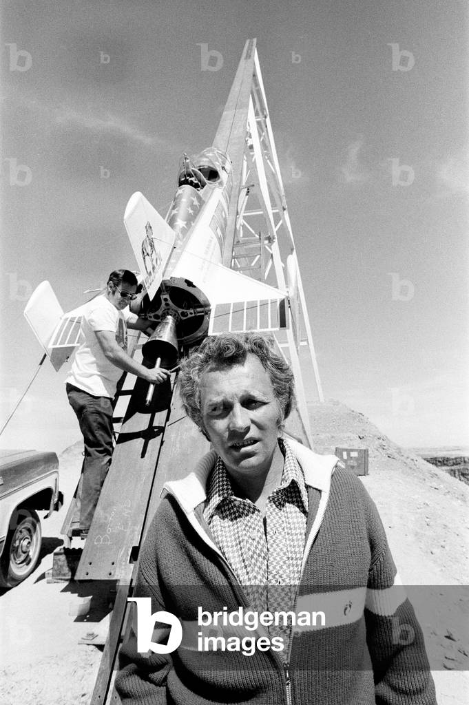 Stuntman Evel Knievel prepares to jump Snake River Canyon, Idaho on a steam powered skycycle. 26th August 1974 (b/w photo)