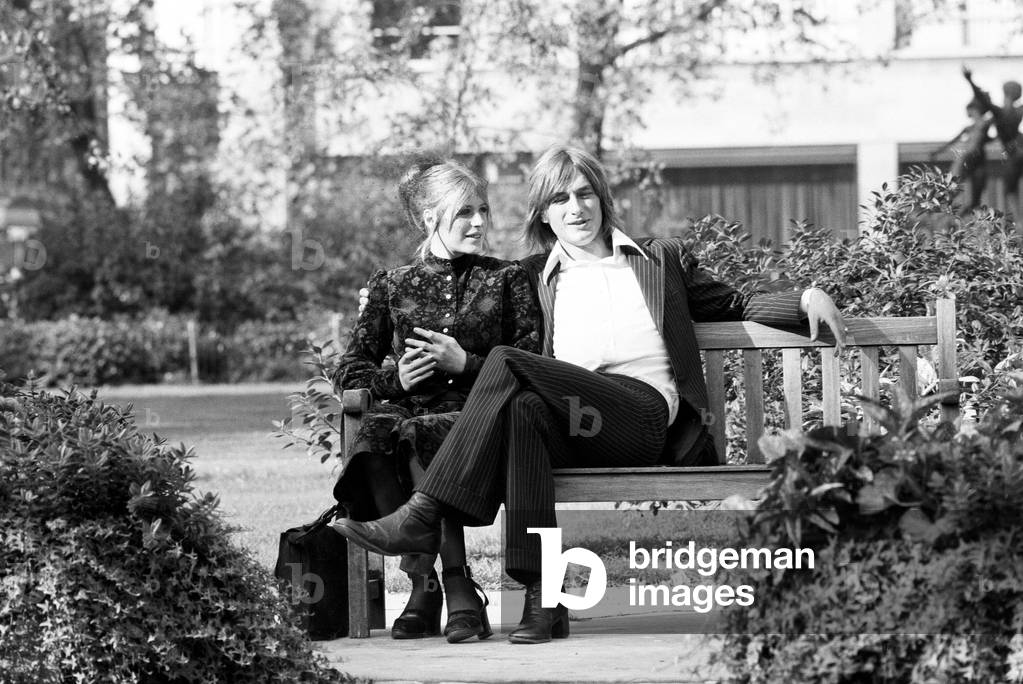 Pop singer and actress Marianne Faithfull who has recently left Bexley Hospital, after being cured of heroin addiction is pictured here with her new boyfriend Oliver Musker, aged 23, an antique dealer. Marianne and Oliver will be flying off later this week to the island of Bali as part of her convalescence. 3rd October 1972 (b/w photo)
