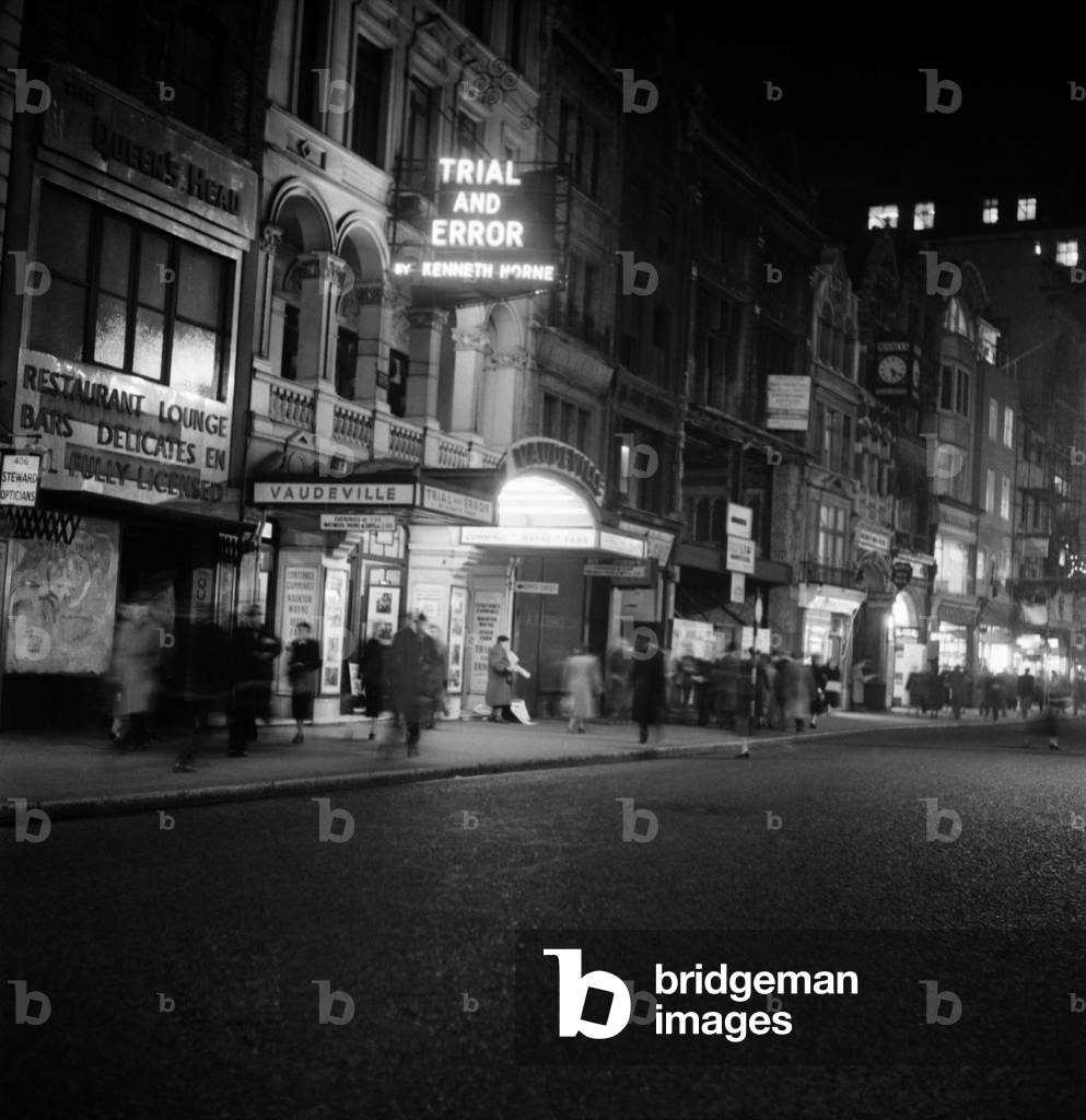 Names of stage shows in lights at London Theatres (night shots). Trial and Error. December 1953