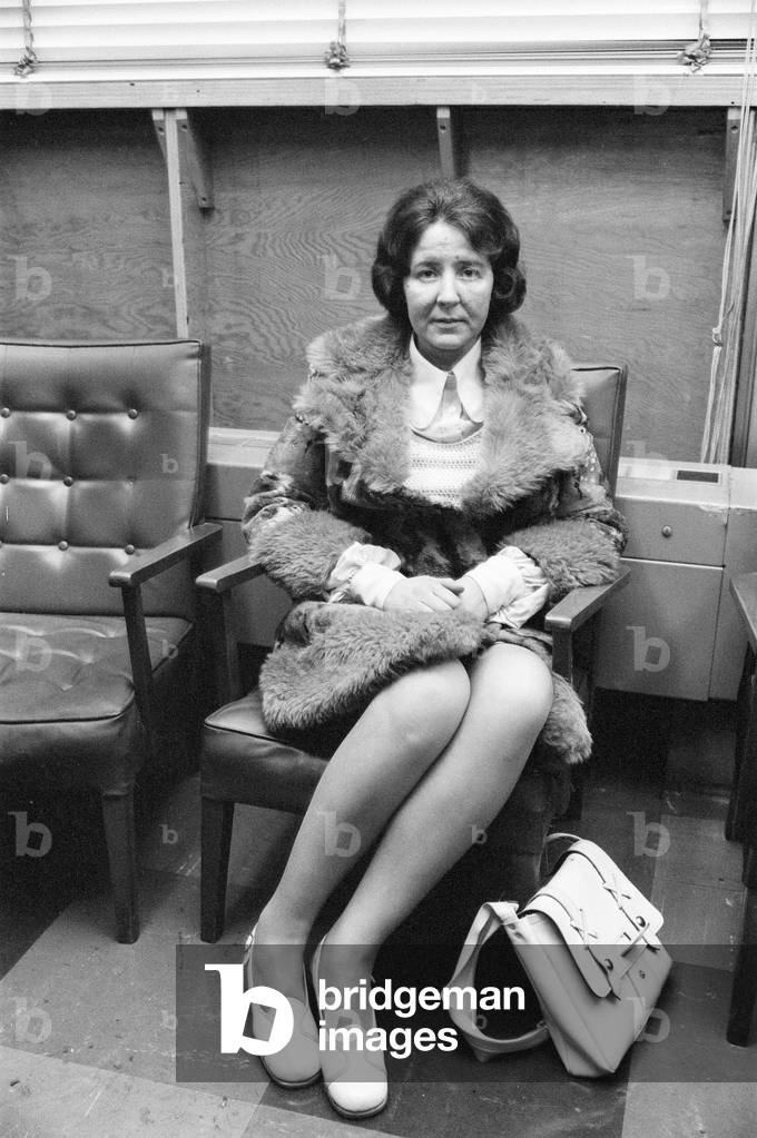 Mavis Brett, aged 35, from Upminster, Essex, wife of haulage contractor George Brett and mother of Terry Brett aged 10, who are missing under mysterious circumstances. Pictured at Scotland Yard, Police Station, London, 6th January 1975 (b/w photo)