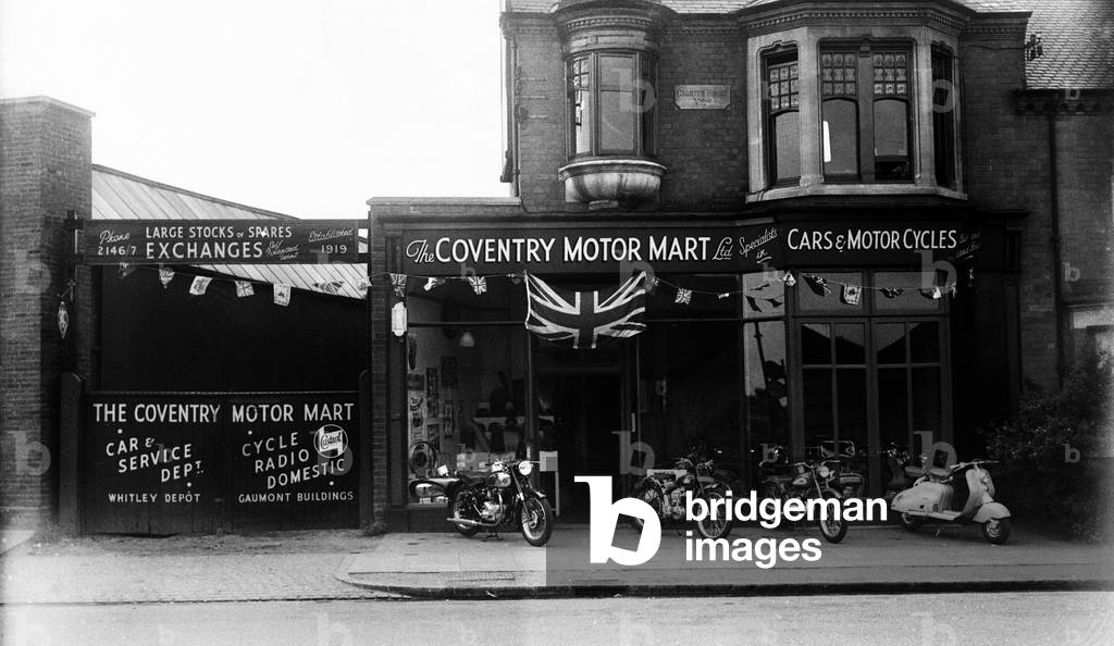 Coventry Motor Mart motorcycle and scooter showroom at Charter House View, Coventry, West Midlands (formerly Warwickshire) circa 1953 (b/w photo)