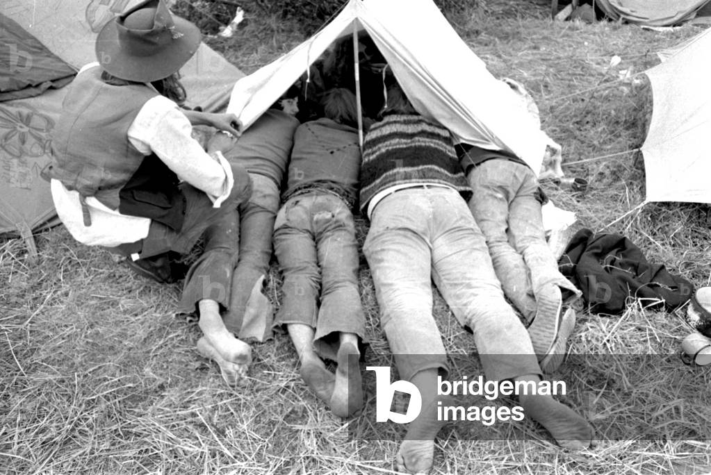 View inside tent at the Isle of Wight Pop Festival 30th August 1969 (b/w photo)