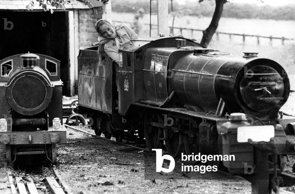 Annabel Crow, of Haswell took a turn at the controls of a steam locomotive at Haswell Lodge, County Durham on 15th August 1971 (b/w photo)