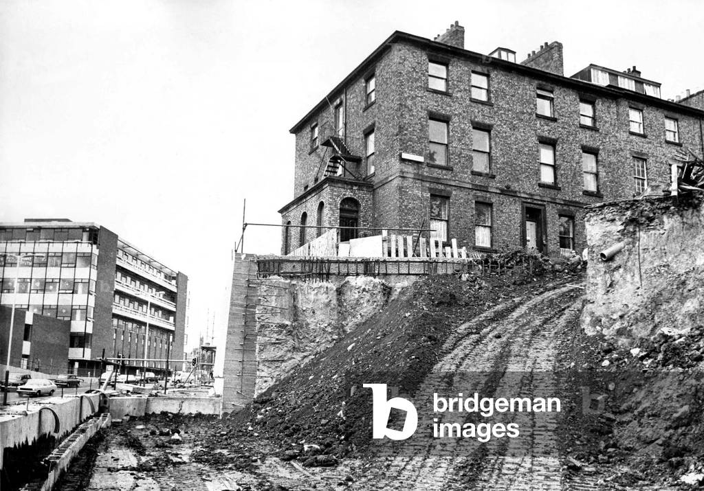 Victoria Square, Newcastle, where a motorway fly-over interchange is being built. 10th September 1973 (b/w photo)