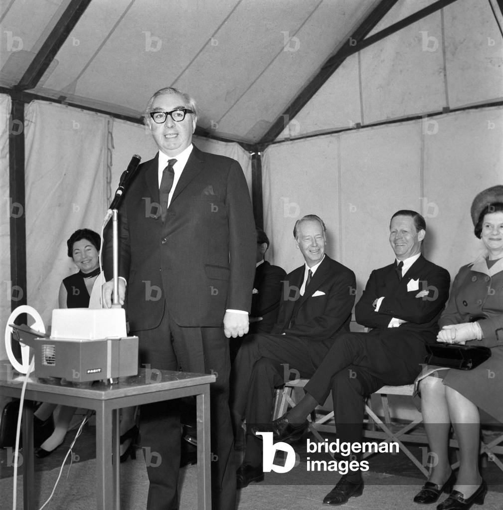 Today, George Brown opened the Facit Office, of Workshop Landscape, at Facit Office Equipment Ltd., Maidstone Road, Rochester, Kent. The Facit Group is one of the World's largest manufacturers of office machines - one of the largest industrial groups in Sweden. George Brown speaking at the opening, seated are (left to right) Anne Kerr, MP for Rochester and Chatham, Swedish Ambassador Leif Belfrage, Gunner Ericcson, President of Facit, and Mrs. George Brown. January 1970