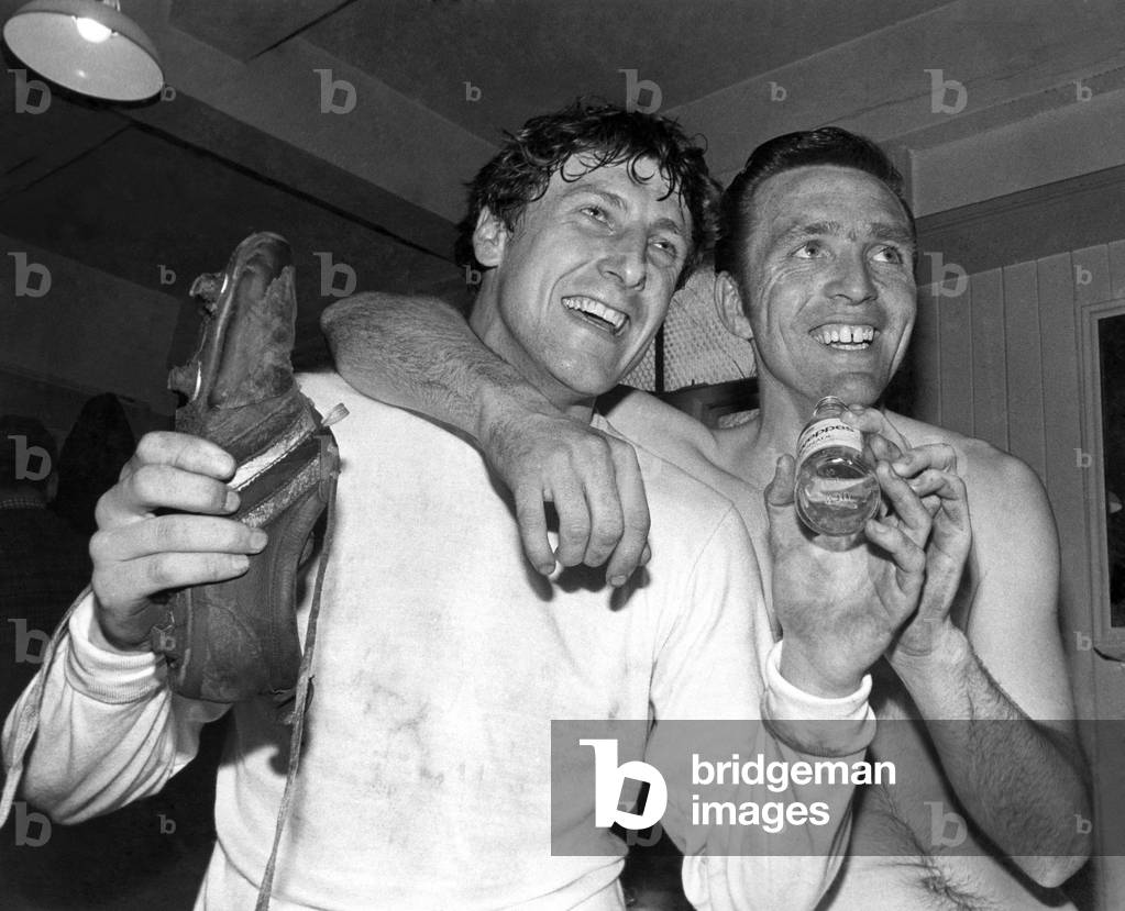 F. A. Cup Semi Final match. West Bromwich Albion v Birmingham City. West Brom goalscorers Jeff Astle and Tony Brown celebrate after the game. April 1968 (photo)