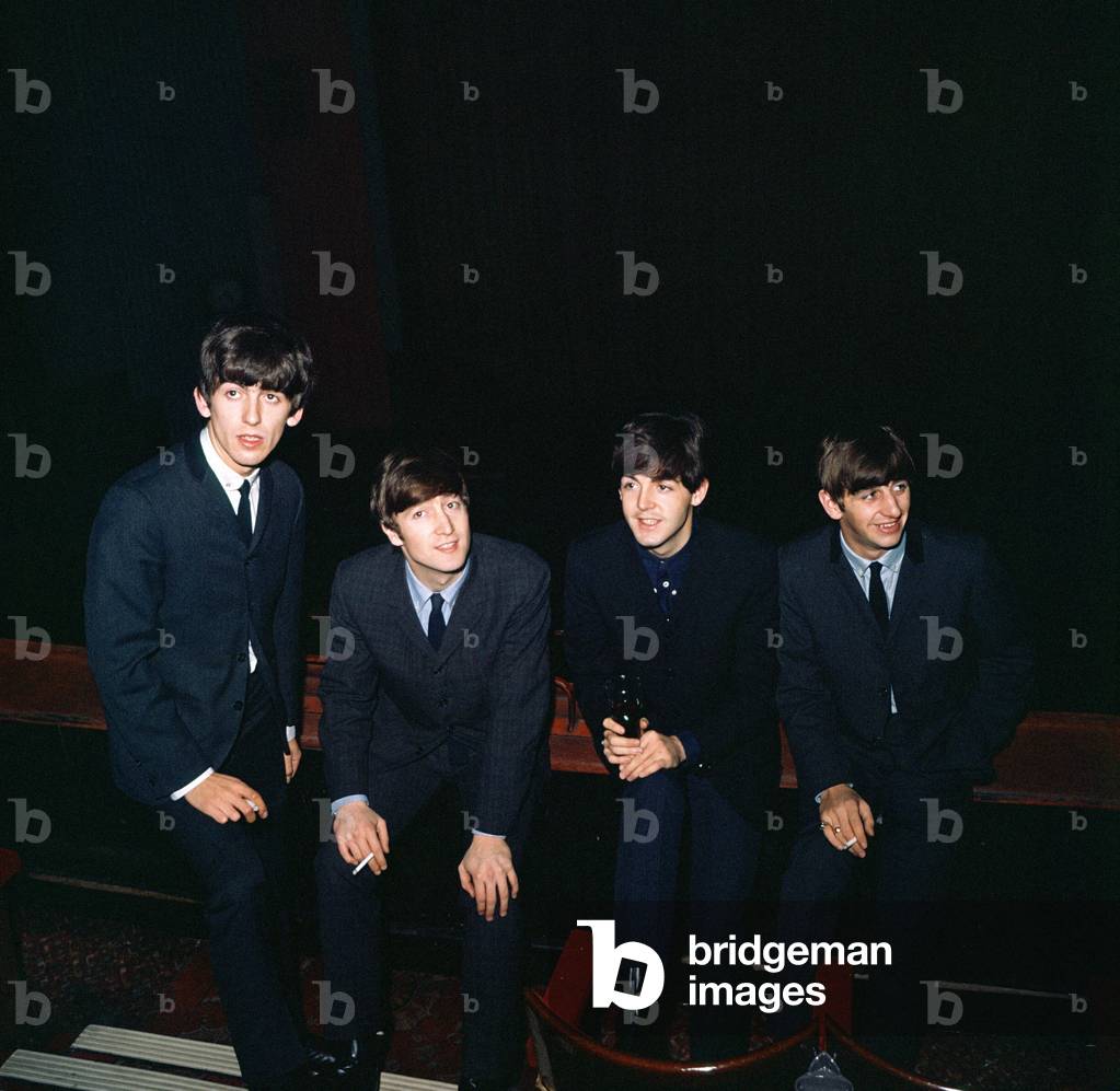 The Beatles pop group in Huddersfield. Left to right: George Harrison, John Lennon, Paul McCartney and Ringo Starr. 29th November 1963 (b/w photo)