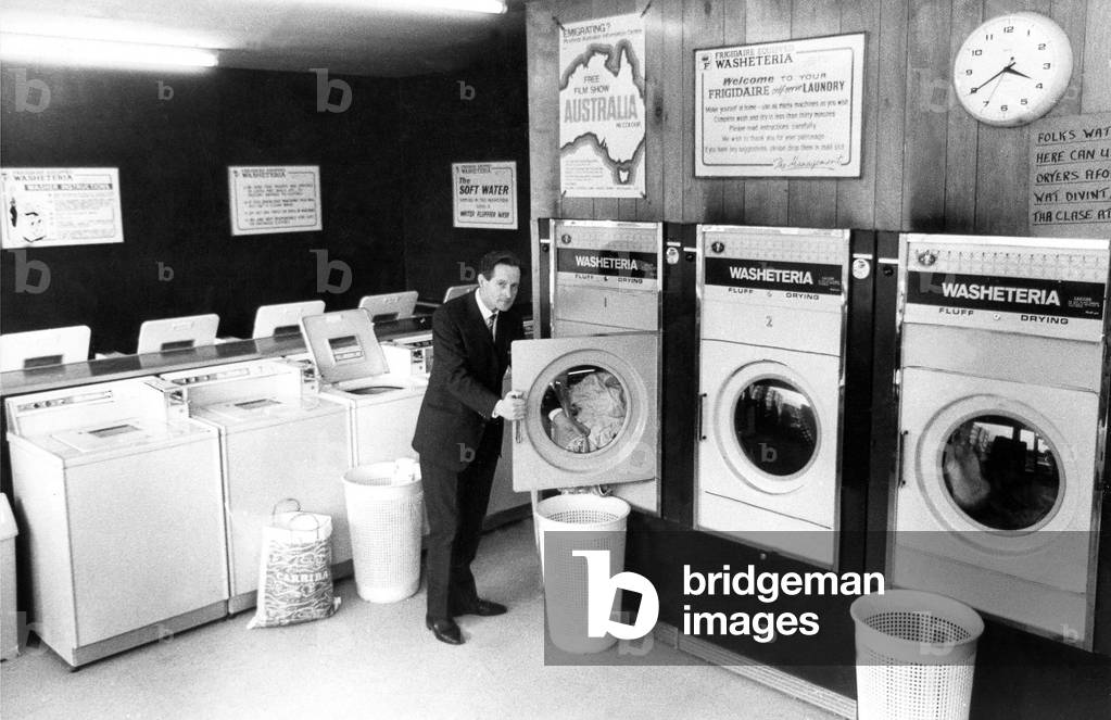 A typical laundry in February 1970 The Washeteria at Boston Court. (b/w photo)