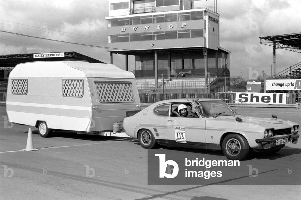Practice Day at Silverstone Circuit for some of the Caravans taking part in this year's International Rally, March 1975 (b/w photo)