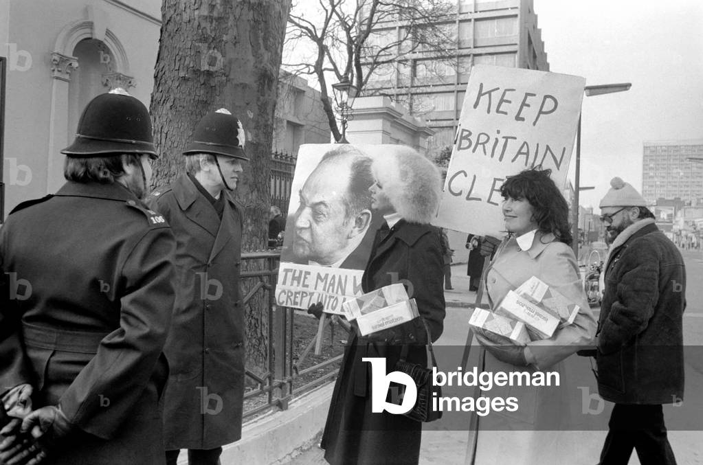 Demonstrators outside the T.U.C. offices in central London, demonstrating against the visit of Alexander Shelepin, Russian union leader and former head of the K.G.B, April 1975 (b/w photo)