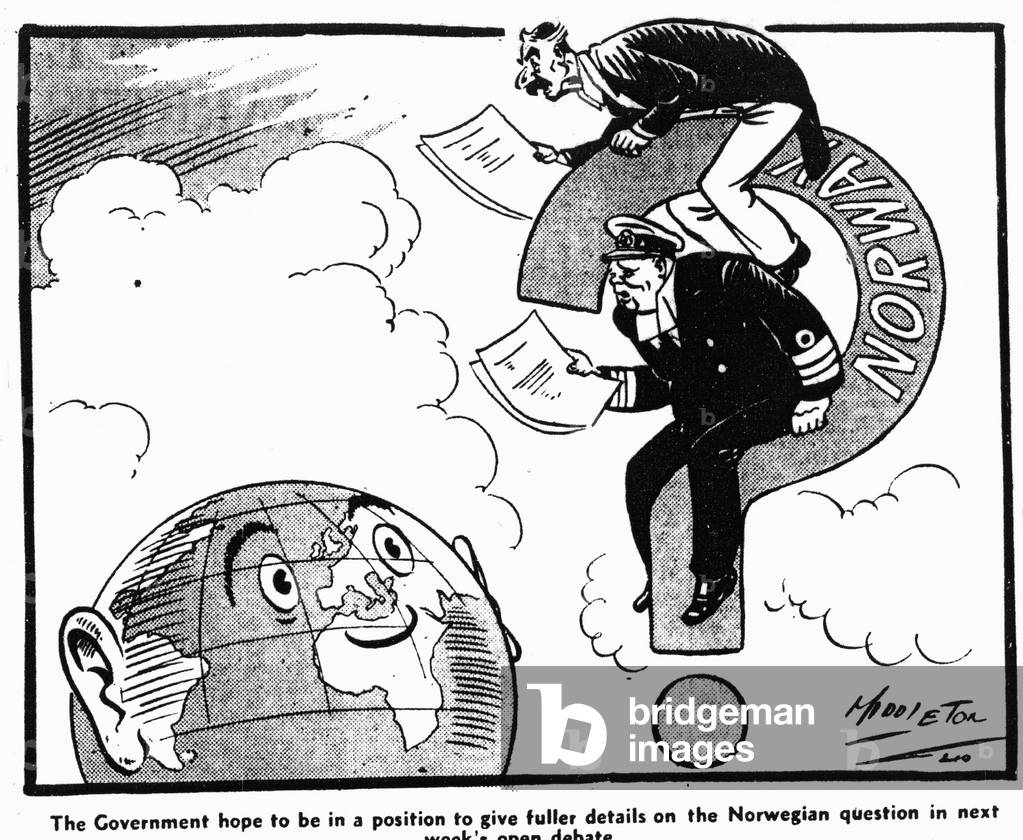 Middleton Birmingham Gazette cartoon: The Government hope to be in a position to give fuller details on the Norwegian question in next week's open debate. 4th May 1940 (b/w photo)