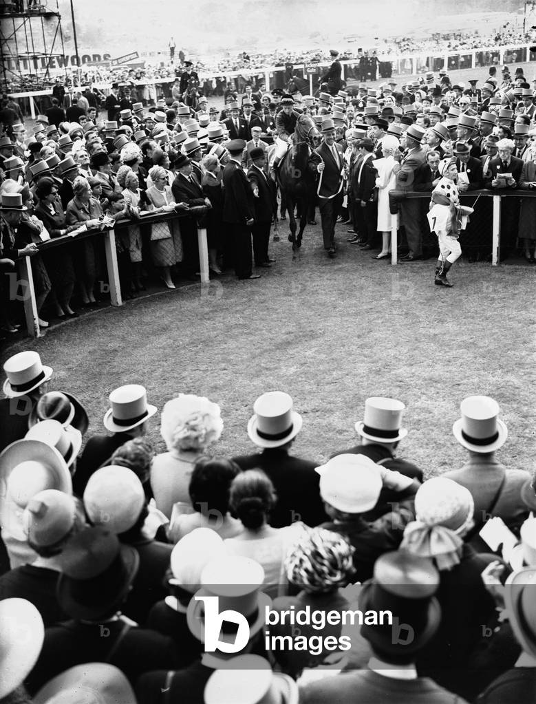 1965 Epsom Derby horse race.
French horse Sea Bird II and jockey Pat Glennon led into the winners enclosure after the race by the owner.
2nd June 1965.