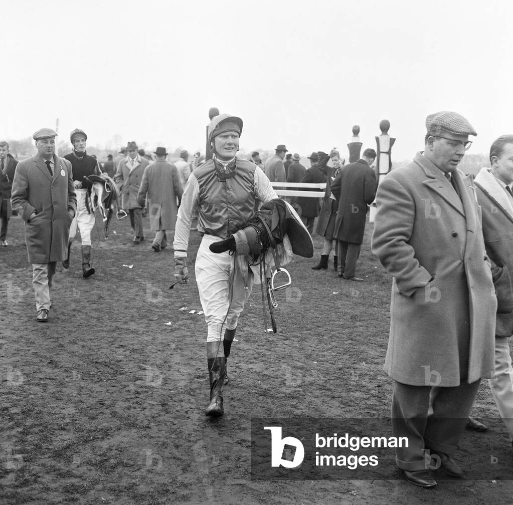 Jockey Terry Biddlecombe at Warwick Races after the second race. 12th February 1965 (b/w photo)