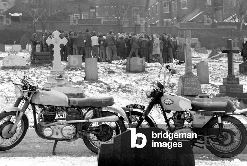 Ton-up boys attend Funeral of their mate. The ton-up boys attending the Funeral at Tunstall Cemetery and St. John's Church Kidsgrove en route, December 1969