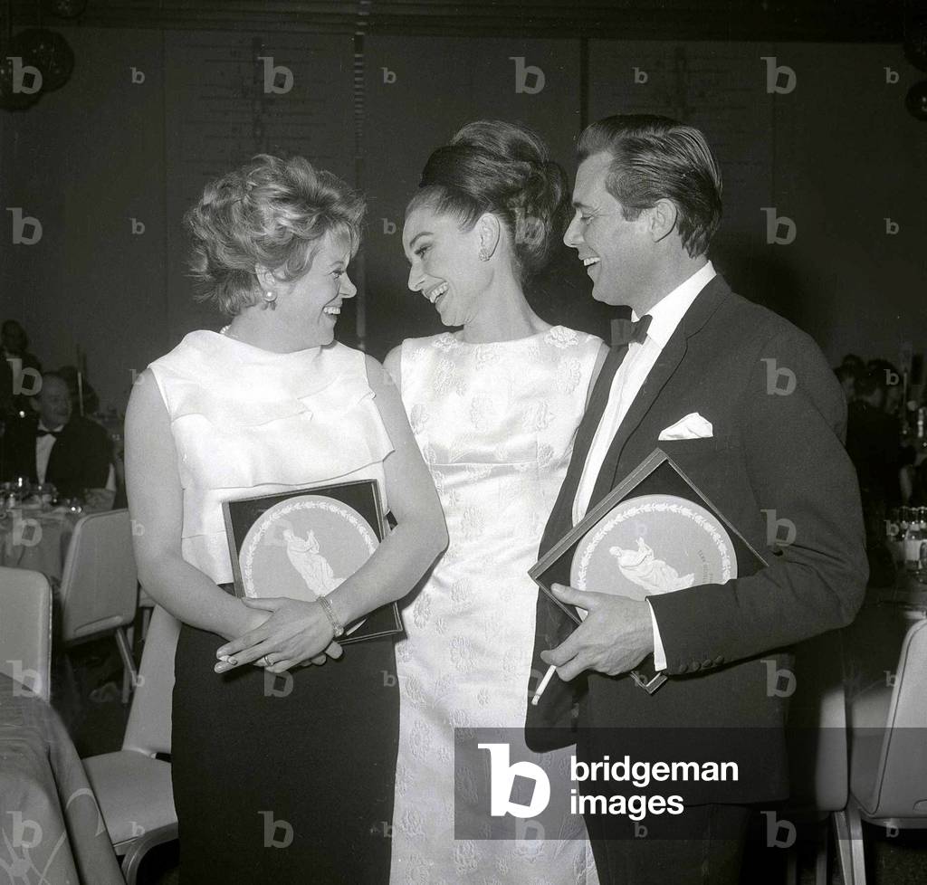 British Film Academy Awards Rachel Roberts, Audrey Hepburn and Dirk Bogarde, April 1964 (b/w photo)