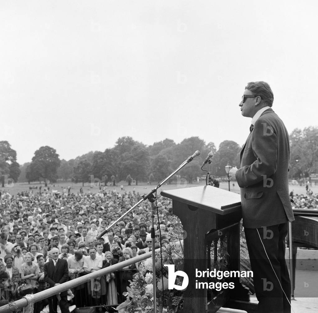Billy Graham took to the open-air today for a short meeting in Hyde Park adjacent to Speakers Corner. 1st July 1967 (b/w photo)