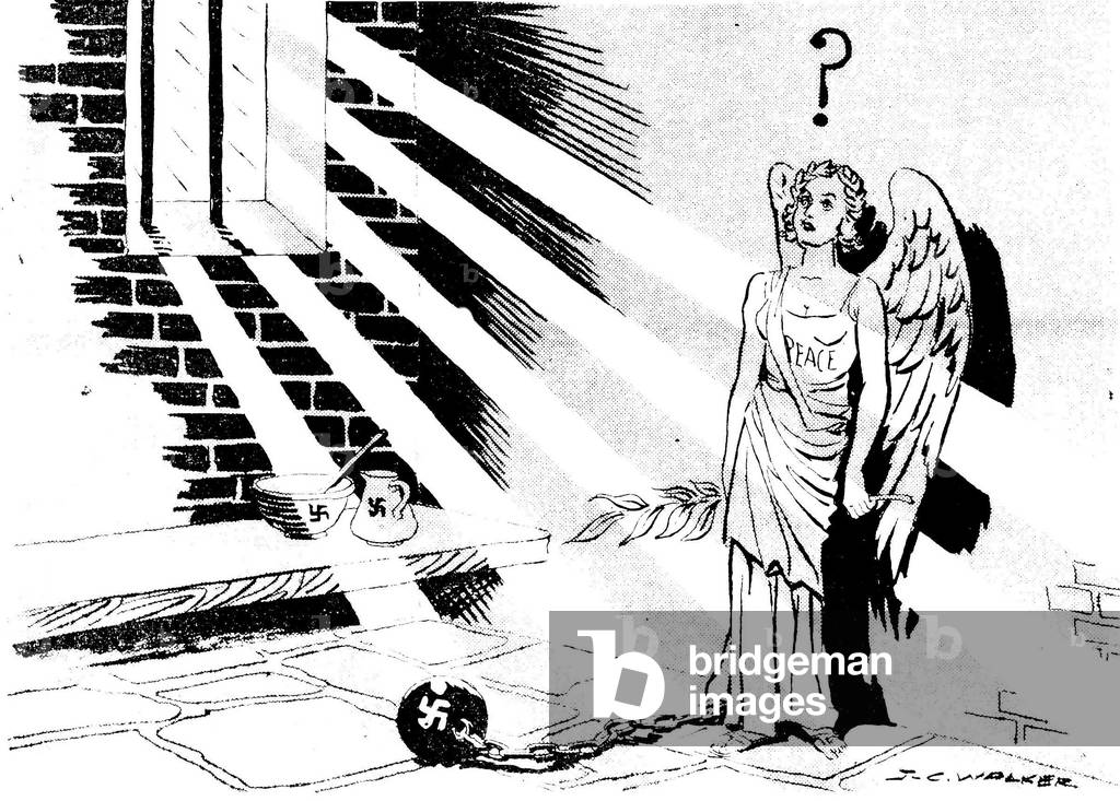 JC Walker World War II Cartoon, the angel of peace is seen shackled to a ball and chain emblazoned with a swastika, c.September 1939 (litho)