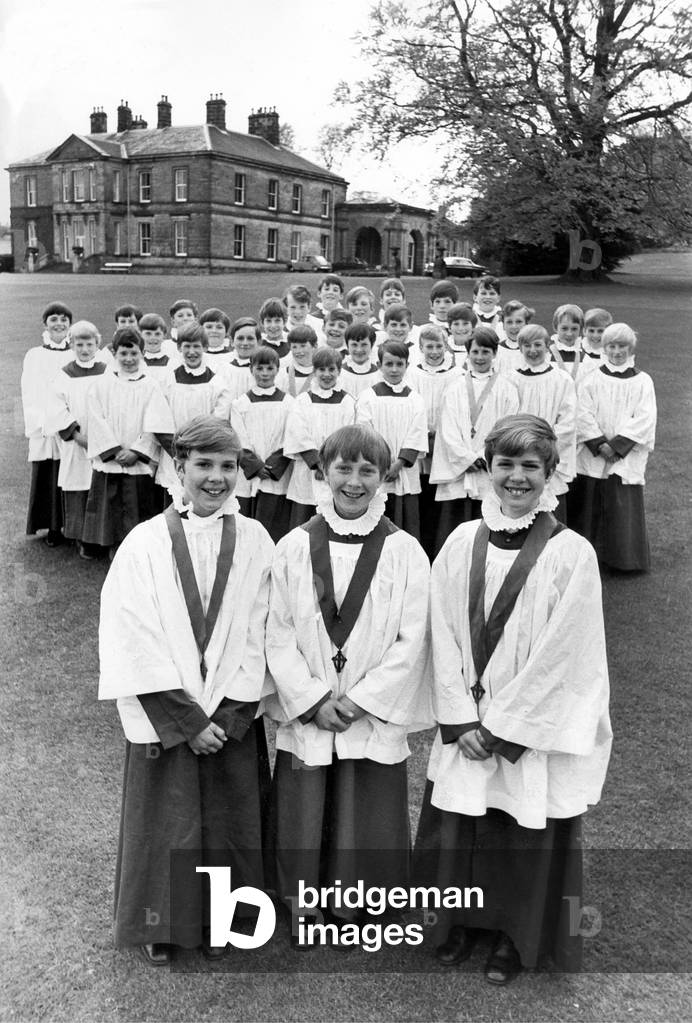The choristers of Mowden Hall School, Stocksfield who have just recorded some songs for a record company on May 15, 1972 (b/w photo)