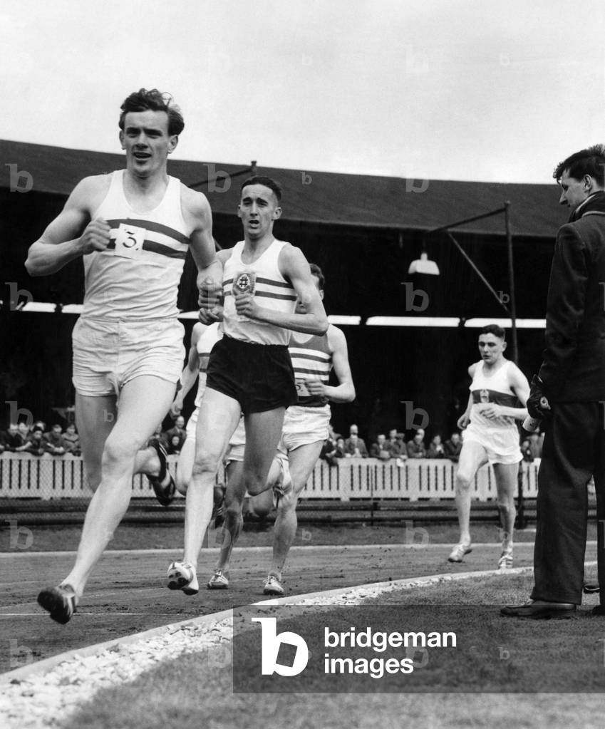 They're off - with a bang! It's the start of the 2,000 metres invitation race at the White City, Manchester, and the runners are (left to right) G. Ibbotson, Gordon Pirie, J. Disley, B. Bullen and R. Beecroft. Round the track they go, with Disley leading Pirie (left). But there's no holding Britain's ace runner - at the finish (right) Pirie has a clear lead, May 1955 (b/w photo)