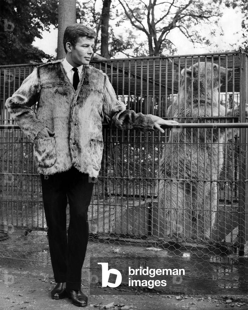 Reveille Fashions: Ralph Nuttall at Chessington Zoo modelling a bear skin coat. October 1961 (b/w photo)