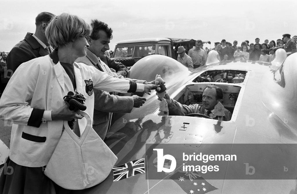Proteus Bluebird, the car in which Donald Campbell broke the World Automobile Speed Record has has now made its last run, at 5 mph, at RAF Station, Debden, Essex, 19th June 1966.