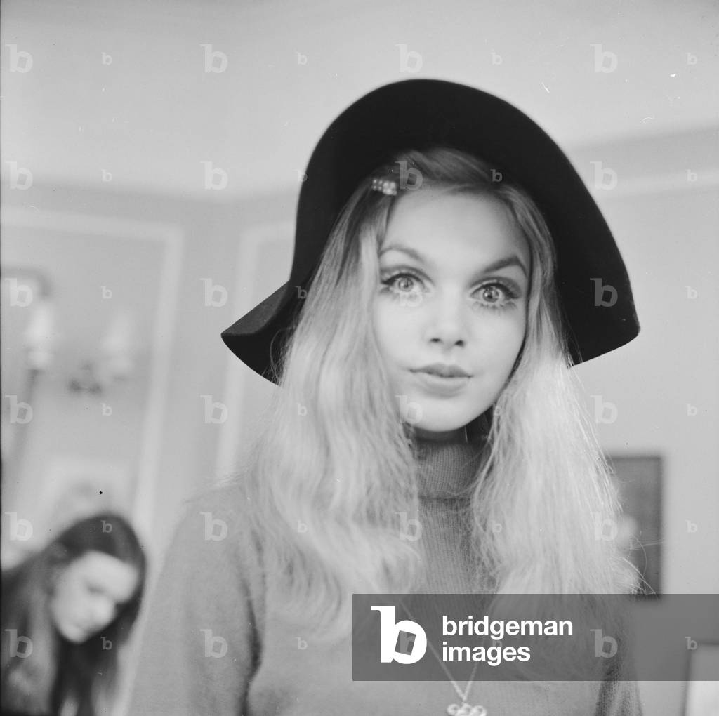 Model and actress Madeline Smith attends the launch of the new Alma 69, the illustrated guide for nearly 600 fashion models, male and female, who work through eight major model agencies. The guide was designed and published by Peter Marlowe. 5th January 1969 (b/w photo)