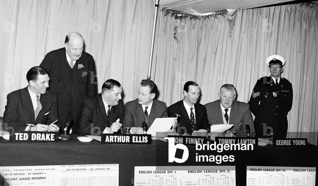 Former footballers Ted Drake, Arthur Ellis, Tom Finney and Tommy Lawton during the first meeting of the pools panel after many matches were cancelled during the big freezeJanuary 1963 (photo)