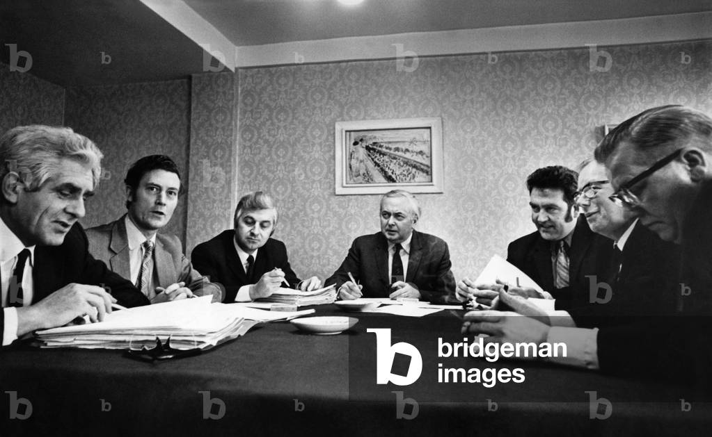 Round the conference table in a Kirby hotel today where from the left:- John Richards of Thorn Electric; Mike Brayshaw, factory manager; John Sibley, Thorn Electrics; Harold Wilson; Jack Springgs, Works Convenor; Dick Jenkins and his brother Jimmy both senior shop stewards met in the hope of bringing pressure on the firm to halt the redundancies.
January 1972