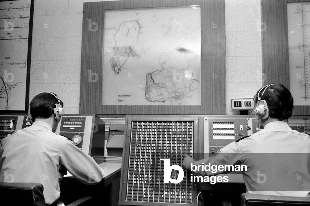 The control panel in Blackpool police H.Q, 24th January 1972 (b/w photo)
