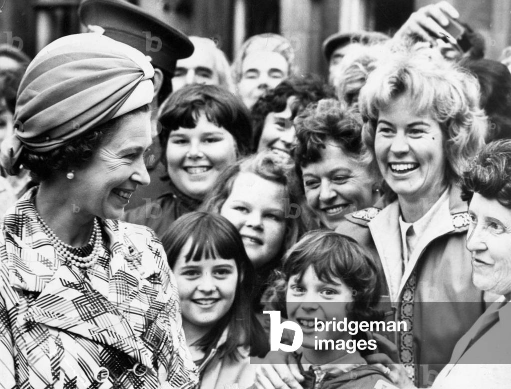 Queen Elizabeth II during a visit to Hexham Abbey meeting crowds of well- wishers, 1st July 1974