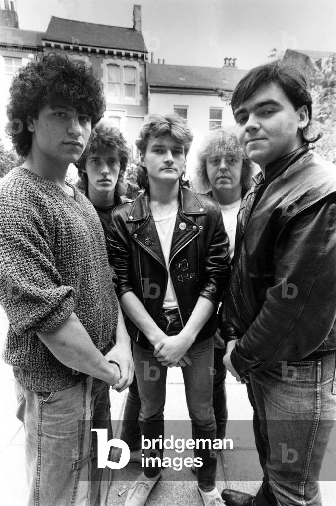 North East rock band Falcon from left, Franco Zuccaroli, John Patterson, Steve Farrell, Phil Martin and Dave Hildreth, 1980 (b/w photo)