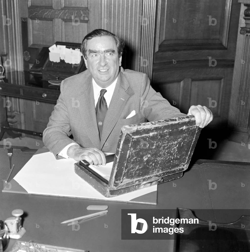 Chancellor Denis Healey with (Dispatch) Budget Box, March 1976 (b/w photo)
