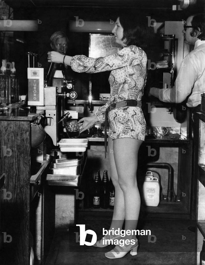 Veronica Torode, 24, in hot pants at the Elephant and Castle, London. April 1971