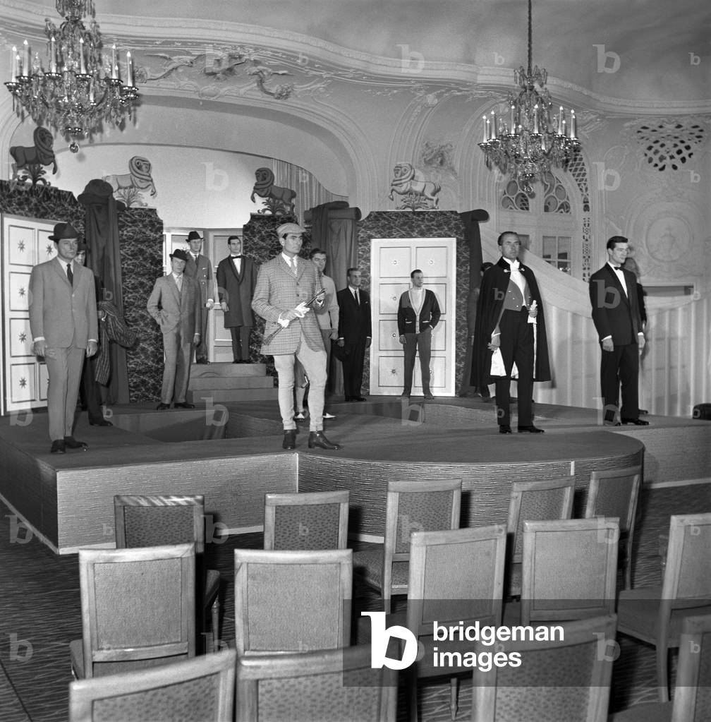 Clothing: Fashion: Menswear: Men's fashion show in Central London, 1962 (b/w photo)