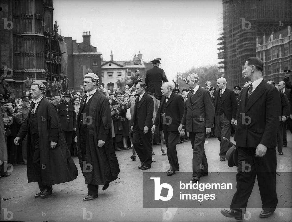 Winston Churchill on his way to the Houses of Parliament on VE day for victory service, May 1945 (b/w photo)