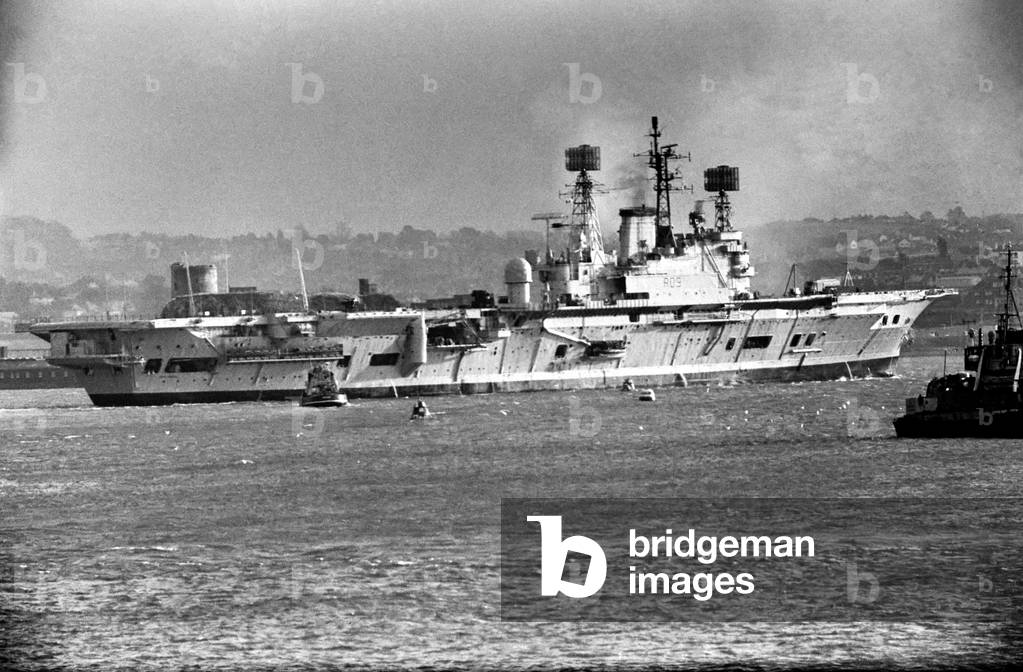 Carrier Ark Royal after a 3 years £32,000,000 refit left Devonport Dockyard today (Monday) on preliminary sea trials, 15th December 1969 (b/w photo)