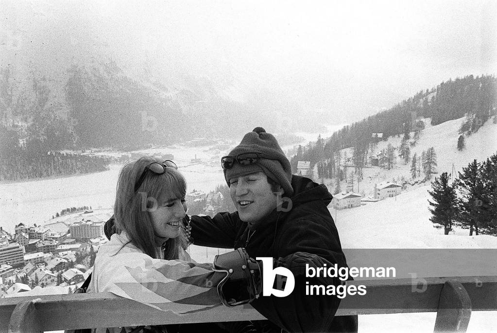 Beatles - John Lennon and Wife Cynthia Lennon in St Moritz on a Skiing Holiday in January 1965 (b/w photo)